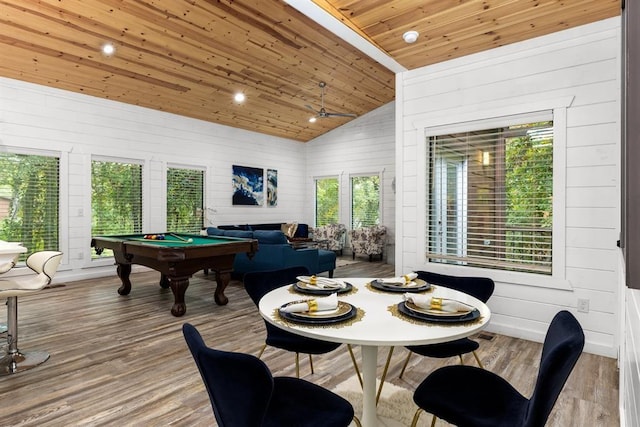 recreation room with light wood-type flooring, vaulted ceiling, pool table, and wood ceiling