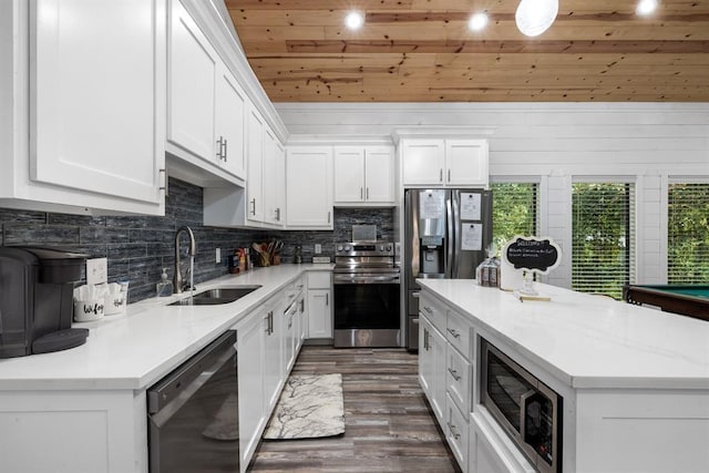 kitchen with sink, backsplash, white cabinets, and stainless steel appliances