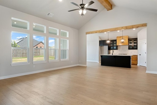 unfurnished living room with hardwood / wood-style floors, high vaulted ceiling, sink, ceiling fan, and beamed ceiling