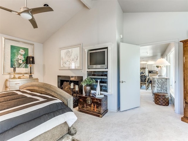 bedroom with beam ceiling, ceiling fan, carpet floors, and high vaulted ceiling