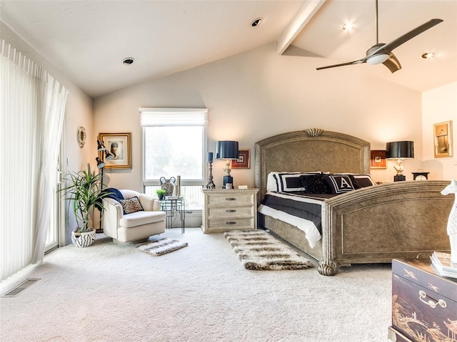 carpeted bedroom with lofted ceiling with beams and ceiling fan