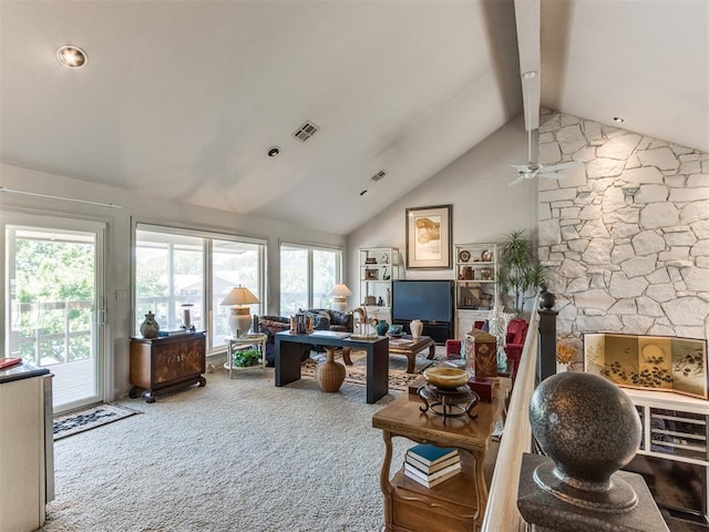 living room with carpet flooring, beam ceiling, high vaulted ceiling, and ceiling fan