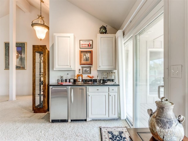 bar featuring vaulted ceiling with beams, white cabinetry, and fridge