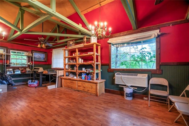 344586 E 860th Rd, Chandler, OK 74834 - office area with a chandelier, wood finished floors, a wainscoted wall, and a wall mounted air conditioner
