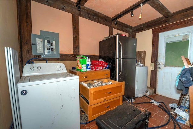 344586 E 860th Rd, Chandler, OK 74834 - washroom with washer / clothes dryer, electric panel, and tile patterned flooring