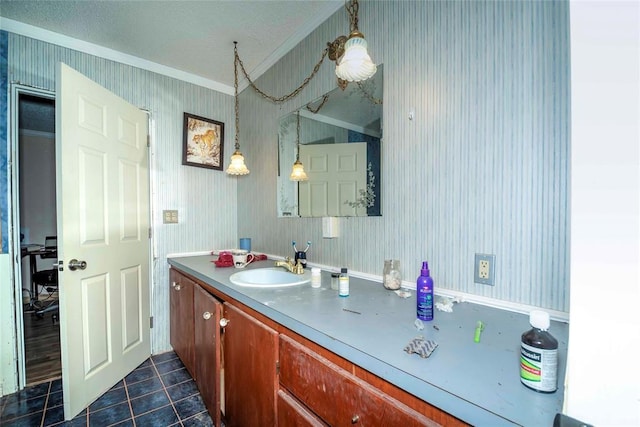 344586 E 860th Rd, Chandler, OK 74834 - bathroom featuring ornamental molding, tile patterned flooring, vanity, and wallpapered walls