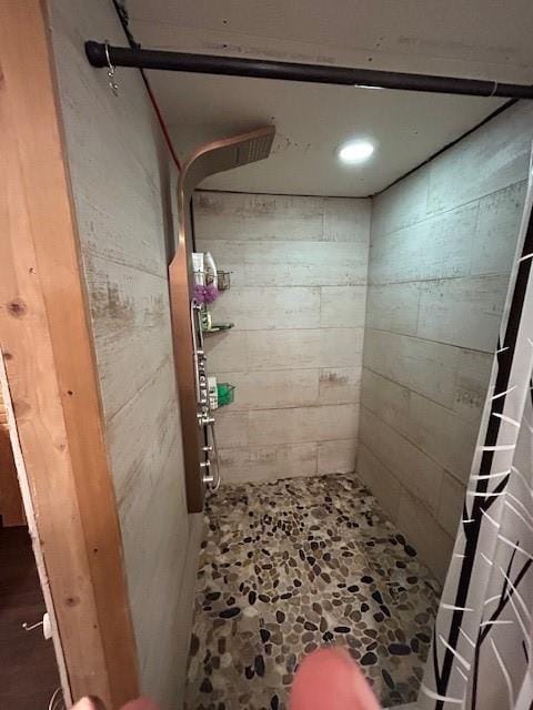 bathroom with a shower with shower curtain