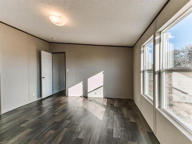 empty room with ornamental molding, dark hardwood / wood-style flooring, and a textured ceiling