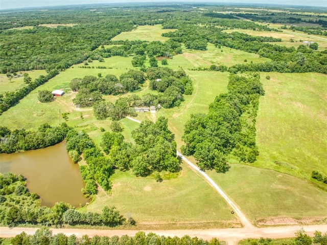 birds eye view of property with a water view and a rural view