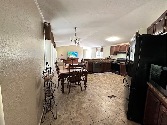 kitchen featuring lofted ceiling, black appliances, hanging light fixtures, ceiling fan, and kitchen peninsula