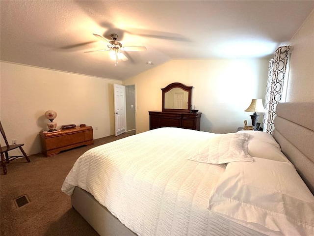 bedroom featuring carpet flooring, ceiling fan, and lofted ceiling