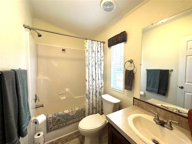 full bathroom with vanity, lofted ceiling, toilet, shower / bathtub combination with curtain, and ornamental molding