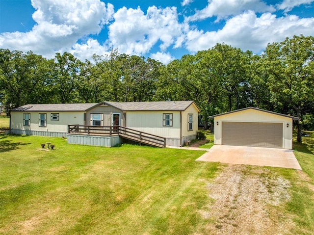 355650 E 990th Rd, Prague, OK 74864 - manufactured / mobile home featuring a wooden deck, a garage, an outbuilding, a front yard, and view of wooded area