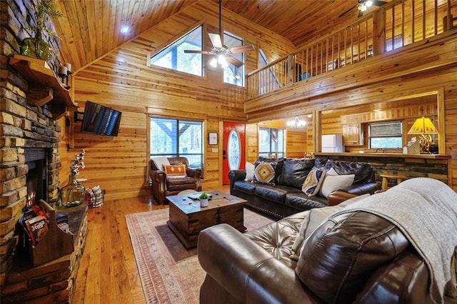 living room featuring ceiling fan, wooden ceiling, high vaulted ceiling, wood-type flooring, and wooden walls