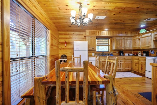 dining area with wood ceiling, sink, a chandelier, light hardwood / wood-style floors, and wood walls