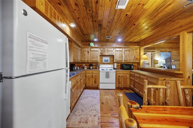 kitchen with kitchen peninsula, wood ceiling, white appliances, and light wood-type flooring