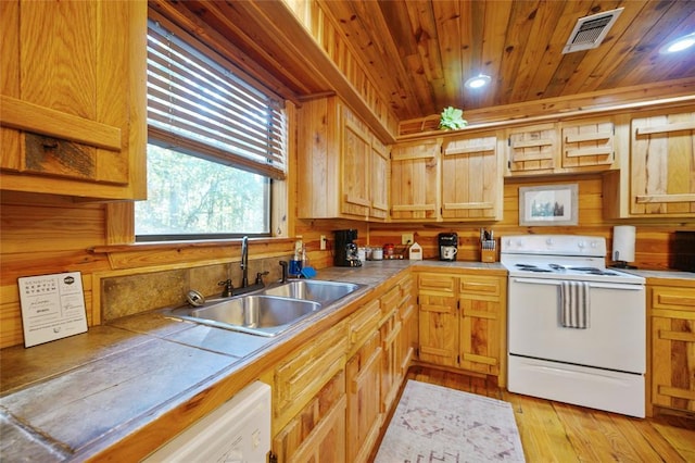 66 Lost Oaks Trl, Broken Bow, OK 74728 - kitchen featuring white electric range, a sink, wooden ceiling, light wood finished floors, and tile countertops