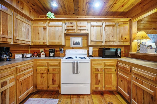 kitchen featuring white range with electric cooktop, light wood-type flooring, and wooden ceiling