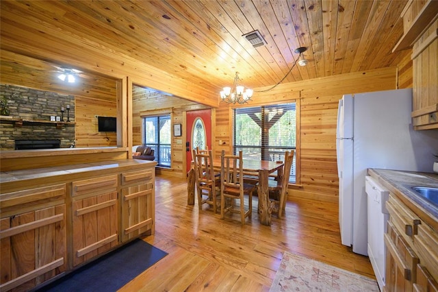 kitchen with wooden walls, pendant lighting, wooden ceiling, a fireplace, and light hardwood / wood-style floors