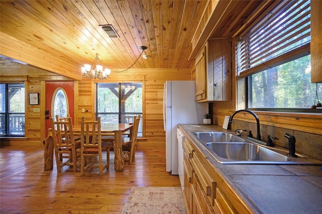 66 Lost Oaks Trl, Broken Bow, OK 74728 - kitchen featuring wood ceiling, a sink, wood walls, a chandelier, and light wood-type flooring