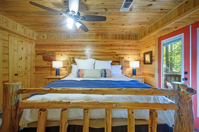 bedroom with ceiling fan, wood walls, and wood ceiling