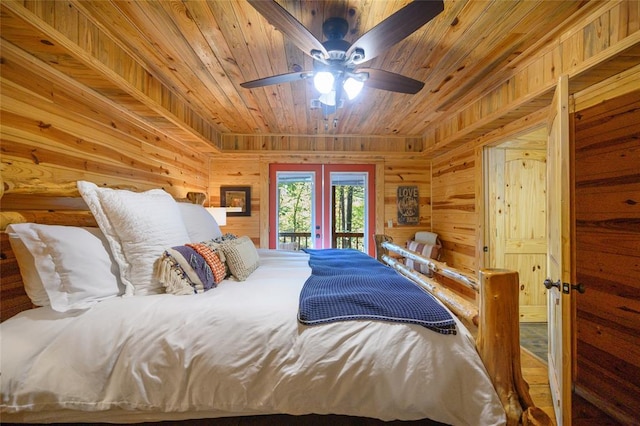 bedroom featuring wood-type flooring, wooden walls, ceiling fan, access to exterior, and wood ceiling