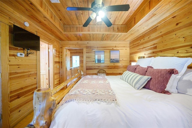 bedroom featuring ceiling fan, wood ceiling, and wooden walls