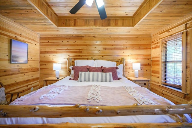 unfurnished bedroom with ceiling fan, wood ceiling, and wood walls