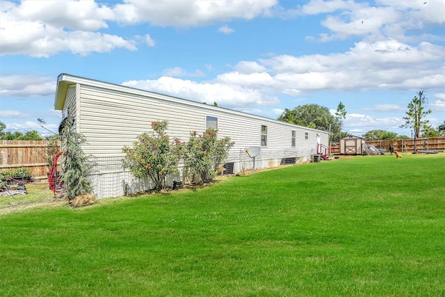 exterior space with a storage shed