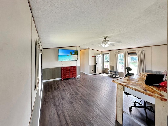 unfurnished office with a textured ceiling, dark hardwood / wood-style flooring, and ceiling fan