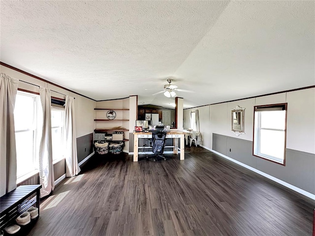 office space featuring a textured ceiling, ceiling fan, and dark wood-type flooring