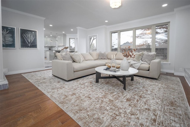 living room with crown molding and hardwood / wood-style floors