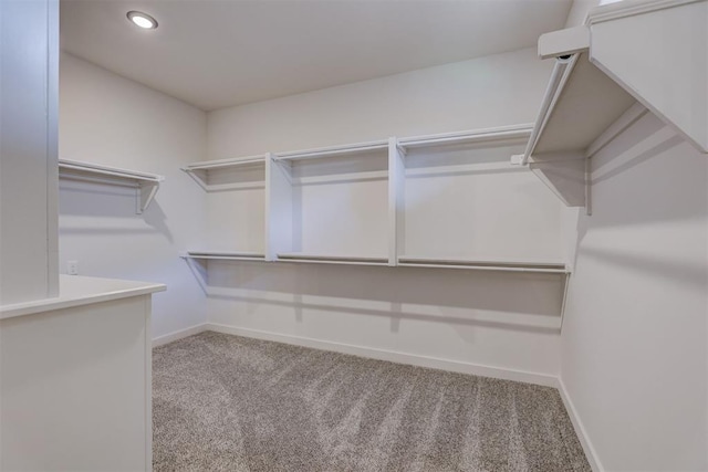 walk in closet featuring light colored carpet