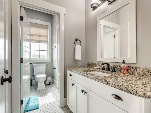 bathroom with tile patterned flooring, vanity, and toilet