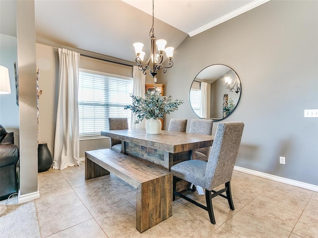 dining room featuring crown molding, light tile patterned floors, lofted ceiling, and a chandelier