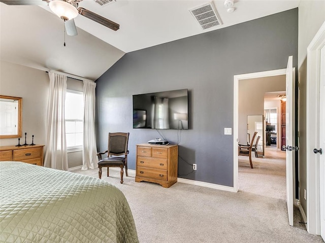 carpeted bedroom featuring ceiling fan and lofted ceiling