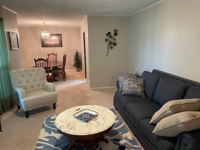 living room featuring light carpet, a textured ceiling, an inviting chandelier, and ornamental molding