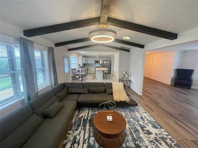 living room with beamed ceiling and dark hardwood / wood-style floors