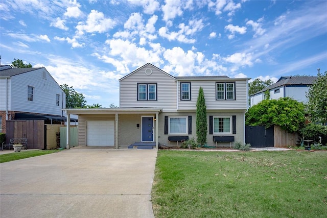 front facade featuring a garage and a front yard