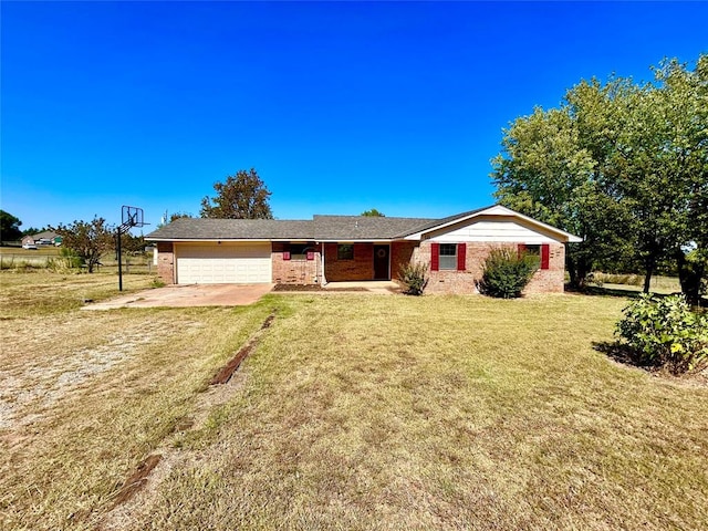 single story home with a garage and a front lawn