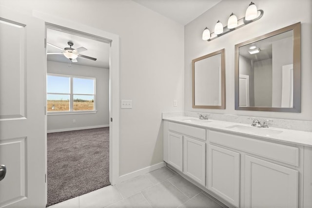 bathroom featuring vanity, tile patterned floors, and ceiling fan