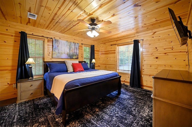 bedroom featuring ceiling fan, wooden walls, and wood ceiling