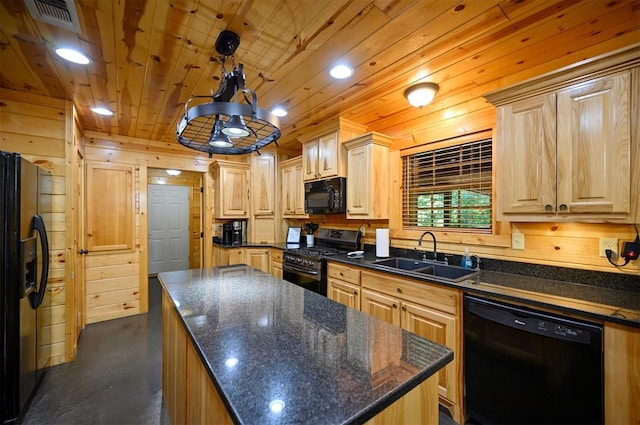 kitchen featuring wood ceiling, sink, black appliances, and light brown cabinets