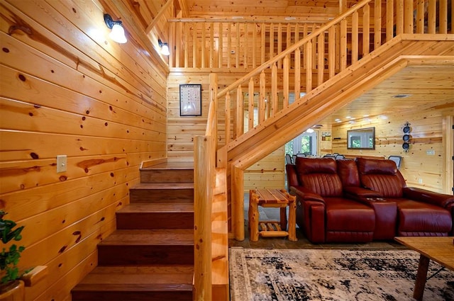 stairway with wooden walls