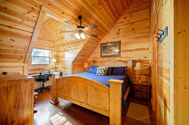 bedroom with ceiling fan, dark wood-type flooring, lofted ceiling, wooden walls, and wood ceiling