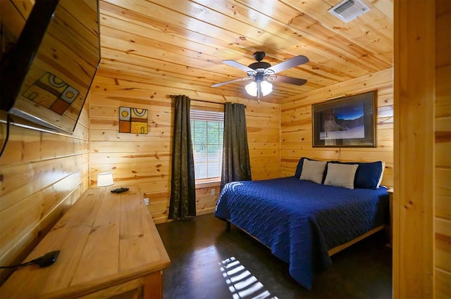 bedroom featuring ceiling fan and wooden walls