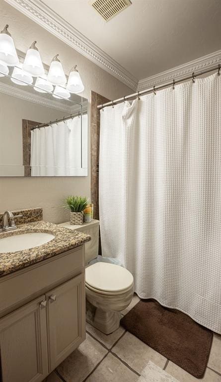 4545 Chickasaw Trl, Sulphur, OK 73086 - bathroom with vanity, toilet, ornamental molding, and tile patterned flooring