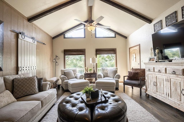 living room featuring beam ceiling, ceiling fan, dark hardwood / wood-style flooring, and high vaulted ceiling