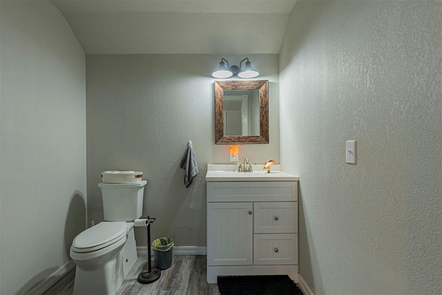 bathroom with vanity, wood-type flooring, and toilet