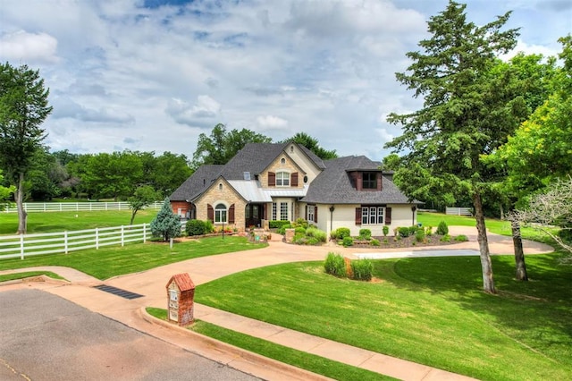 view of front of property featuring a shingled roof, fence, curved driveway, and a front yard